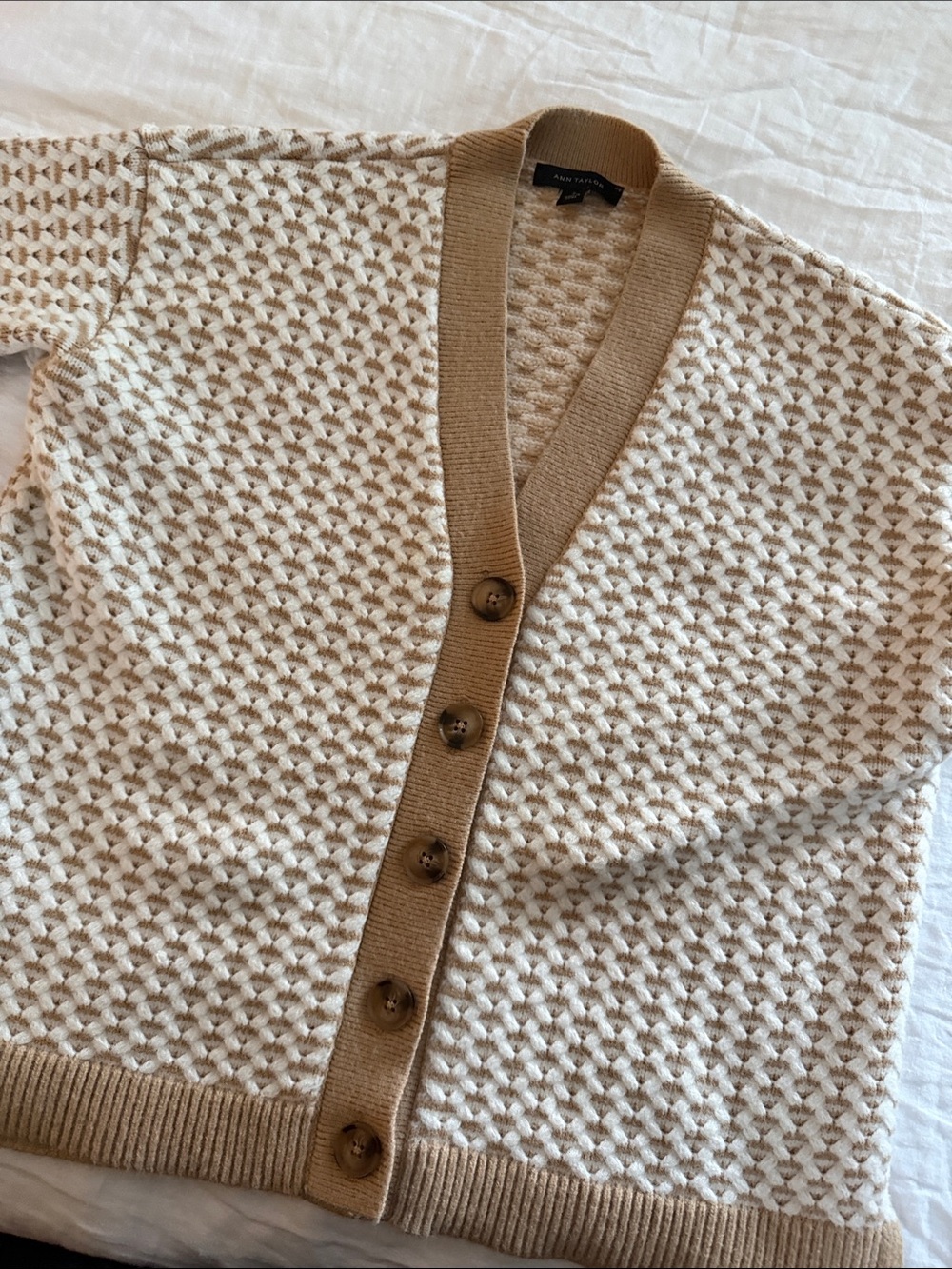 Ann Taylor Two-Tone Beige & Cream Button Cardigan